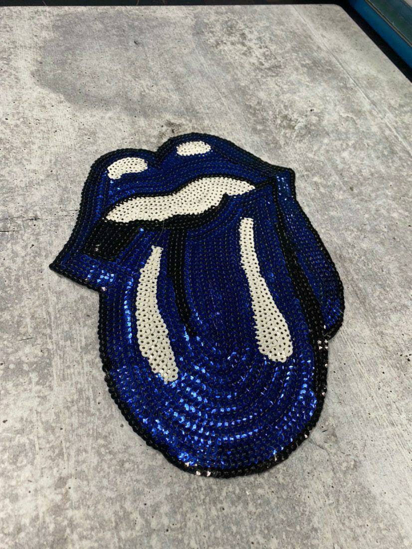 Sequins BLUE Lips and Tongue Patch (iron-on) Size 10.5", LARGE Bling Patch for Denim Jacket, Shirts, Hoodies, and More