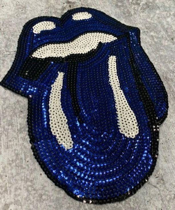 Sequins BLUE Lips and Tongue Patch (iron-on) Size 10.5", LARGE Bling Patch for Denim Jacket, Shirts, Hoodies, and More