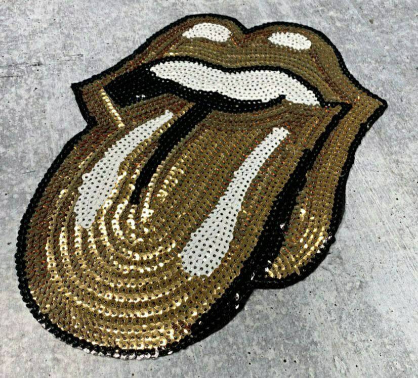 Sequins GOLD Lips and Tongue Patch (iron-on) Size 10.5", LARGE Bling Patch for Denim Jacket, Shirts, Hoodies, and More