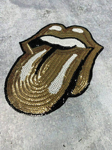 Sequins GOLD Lips and Tongue Patch (iron-on) Size 10.5", LARGE Bling Patch for Denim Jacket, Shirts, Hoodies, and More