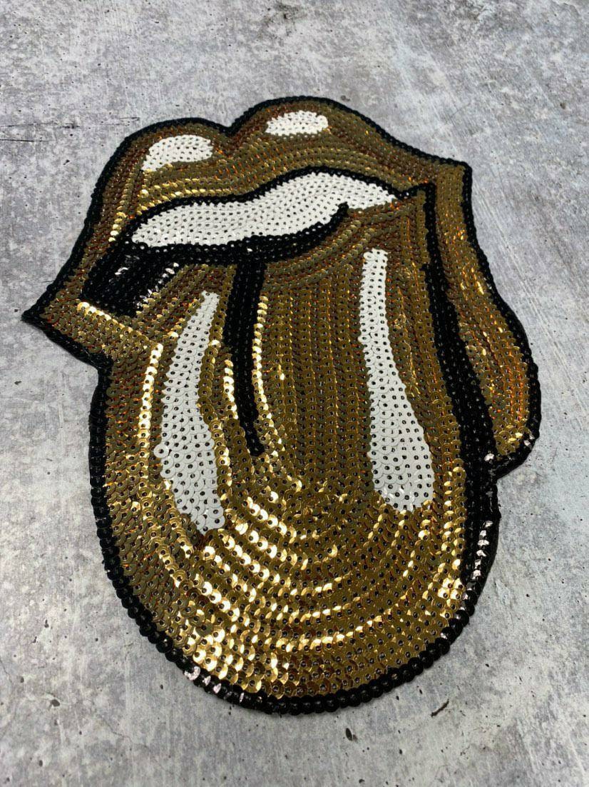 Sequins GOLD Lips and Tongue Patch (iron-on) Size 10.5", LARGE Bling Patch for Denim Jacket, Shirts, Hoodies, and More