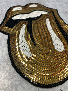 Sequins GOLD Lips and Tongue Patch (iron-on) Size 10.5", LARGE Bling Patch for Denim Jacket, Shirts, Hoodies, and More