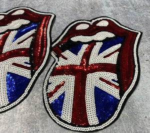 Sequins, Red/Blue/White British Tongue  Patch, (iron-on) Size 10.5", LARGE Bling Patch, Union Jack, UK Symbol Applique for Clothes