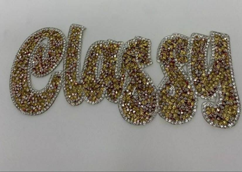 NEW Arrival, Gold & Pink Crushed "Classy" Rhinestone Patch with Adhesive, Rhinestone Applique, Size 9", Czech Rhinestones, DIY