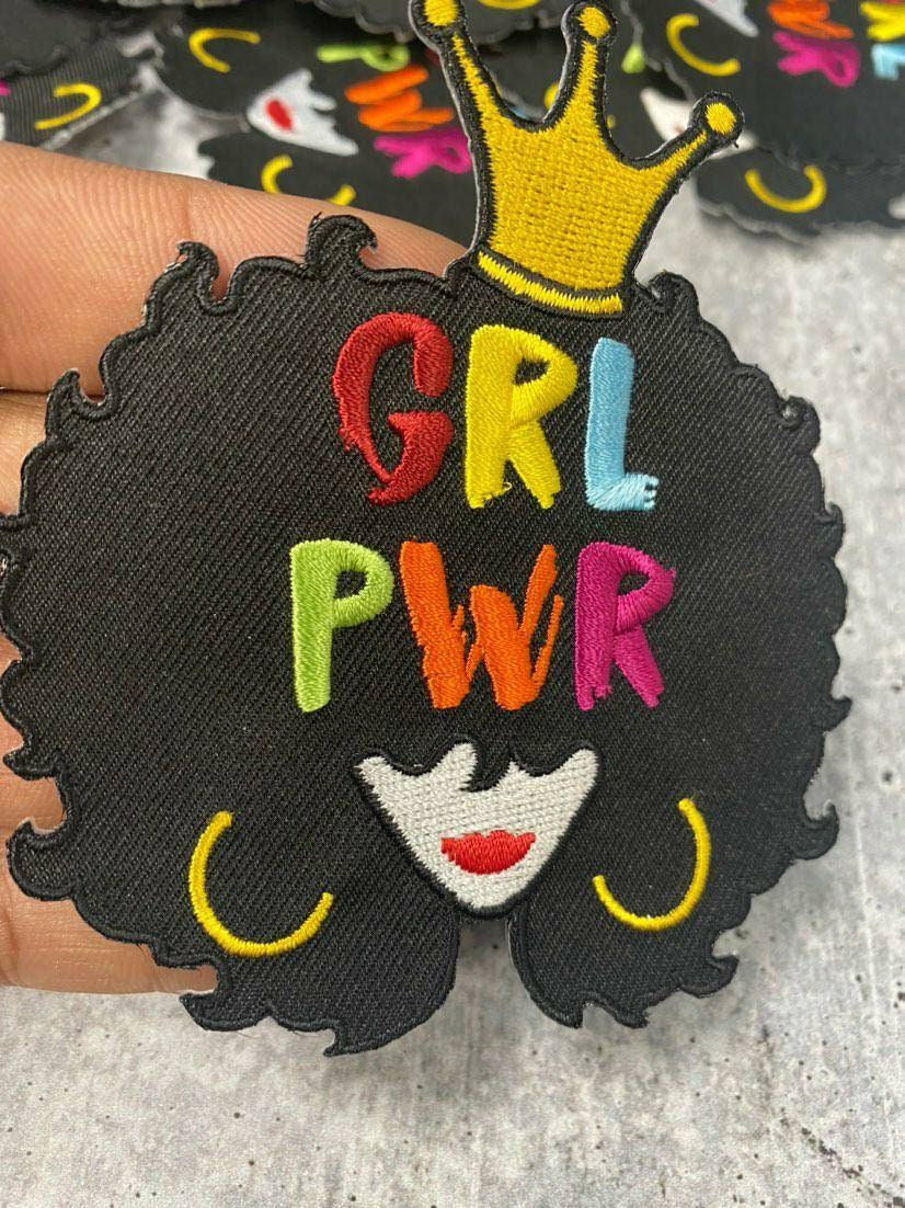 Gold Crown "GRL PWR" Female Empowerment Patch, Feminist Patch, Girls Colorful Iron-on Patch; DIY Patch, Size 4"