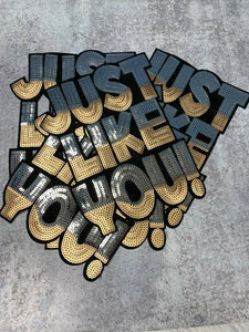 NEW Sequins "Just Like You" Gray & Gold (Sew-on) Size 12", LARGE Patch for Denim Jacket, Shirts, Hoodies, Camo, and More, DIY