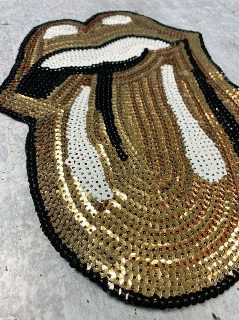 Sequins GOLD Lips and Tongue Patch (iron-on) Size 10.5", LARGE Bling Patch for Denim Jacket, Shirts, Hoodies, and More