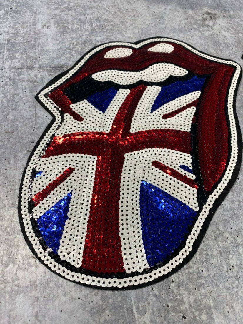 Sequins, Red/Blue/White British Tongue  Patch, (iron-on) Size 10.5", LARGE Bling Patch, Union Jack, UK Symbol Applique for Clothes