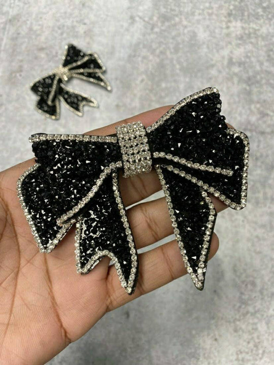 2 pcs, Blinged Bowknot Patch with Felt Back, Accessorize  Shoes, Clothing, & More, Size 5" wide x 3" length; Craft Supplies, Rhinestone Bow