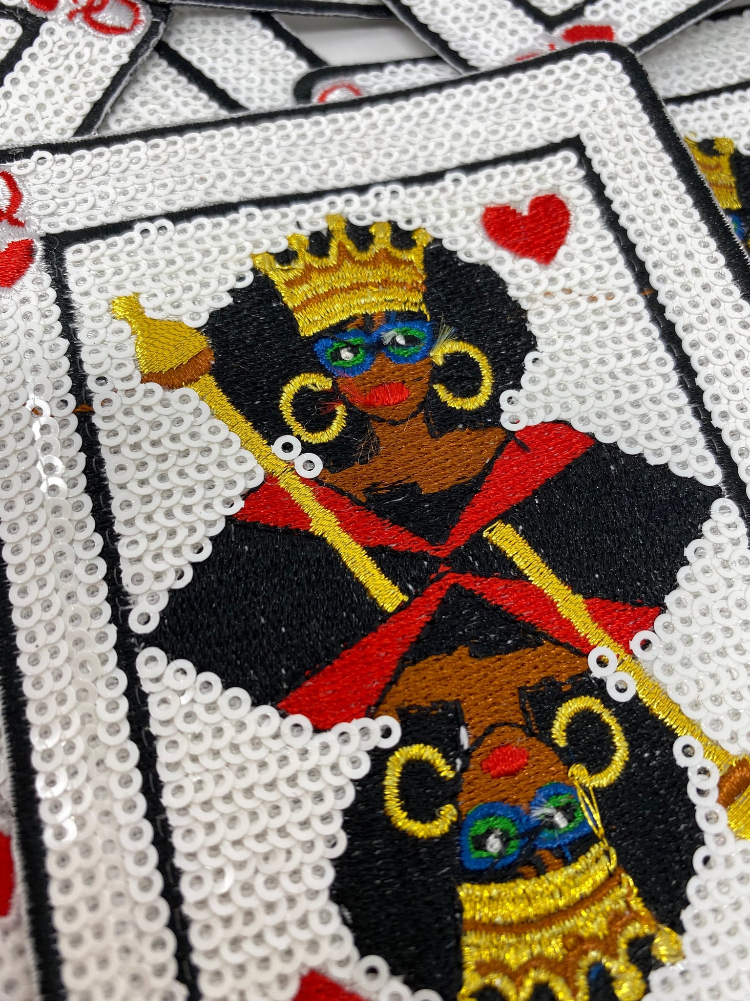 NEW, "Queen of Hearts SEQUINS" Embroidered Playing Card Patches/Appliques, Fun, Patch, 4.5" x 3" Size Playing Card