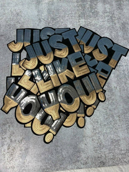 NEW Sequins "Just Like You" Gray & Gold (Sew-on) Size 12", LARGE Patch for Denim Jacket, Shirts, Hoodies, Camo, and More, DIY