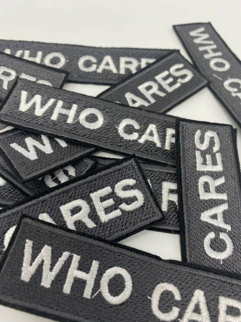 New, Gray & White, "Who Cares" Size 3", Iron-on Patch, Applique for Clothing, Afro Diva, Cool Patch for Hats, and Jackets
