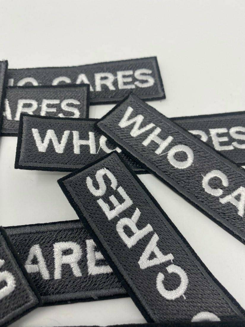 New, Gray & White, "Who Cares" Size 3", Iron-on Patch, Applique for Clothing, Afro Diva, Cool Patch for Hats, and Jackets