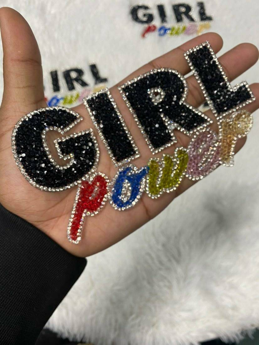NEW Arrival,"Girl Power" Feminist Colorful Blinged Out Rhinestone Patch with Adhesive, Rhinestone Applique, Size 5"x2.5", Czech Rhinestones