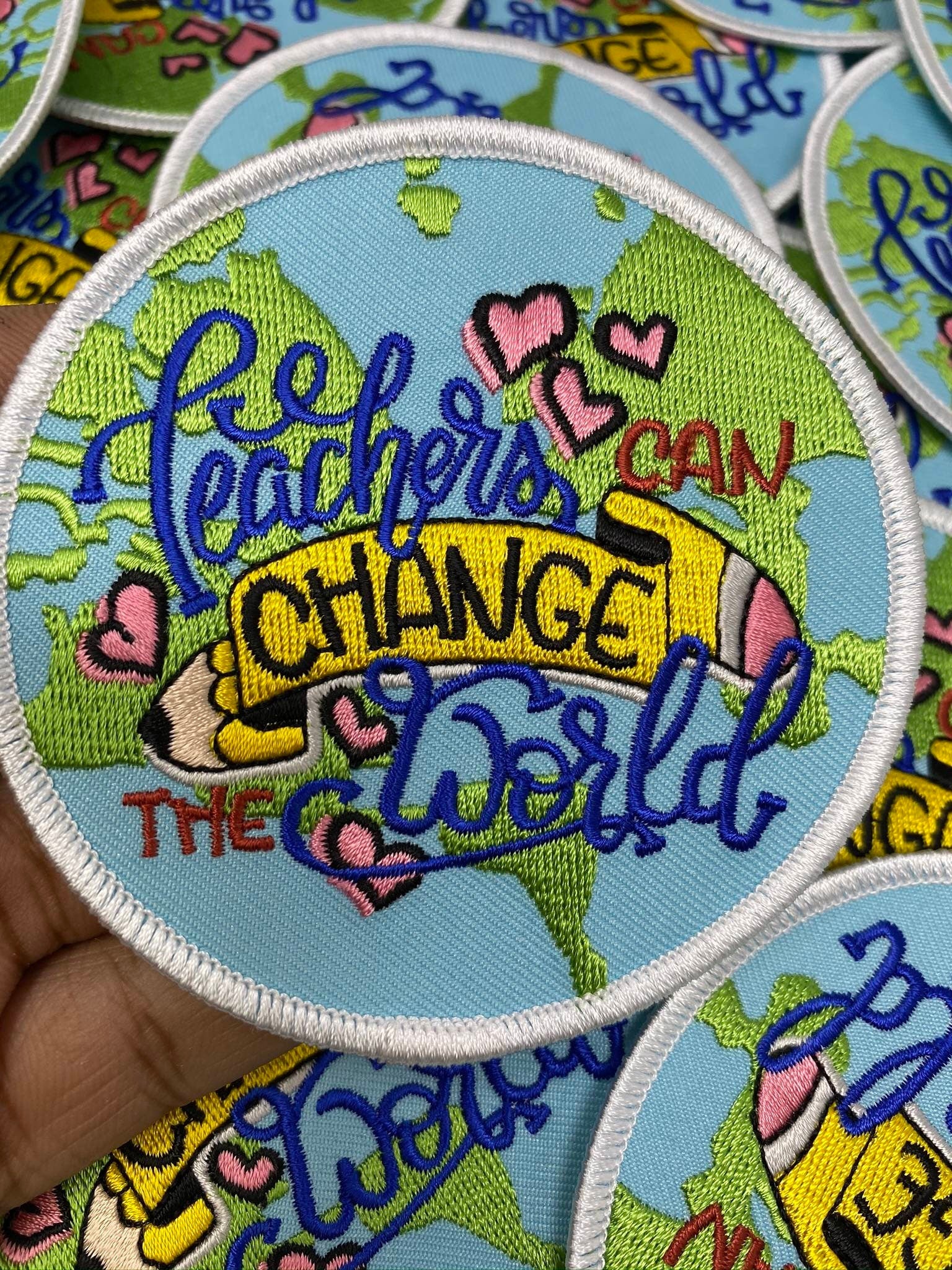 Teacher's Appreciation Gift - Iron-on Embroidery Patch for Teacher's - "Teacher's Can Change the World" Size 3" Circular Applique for Denim
