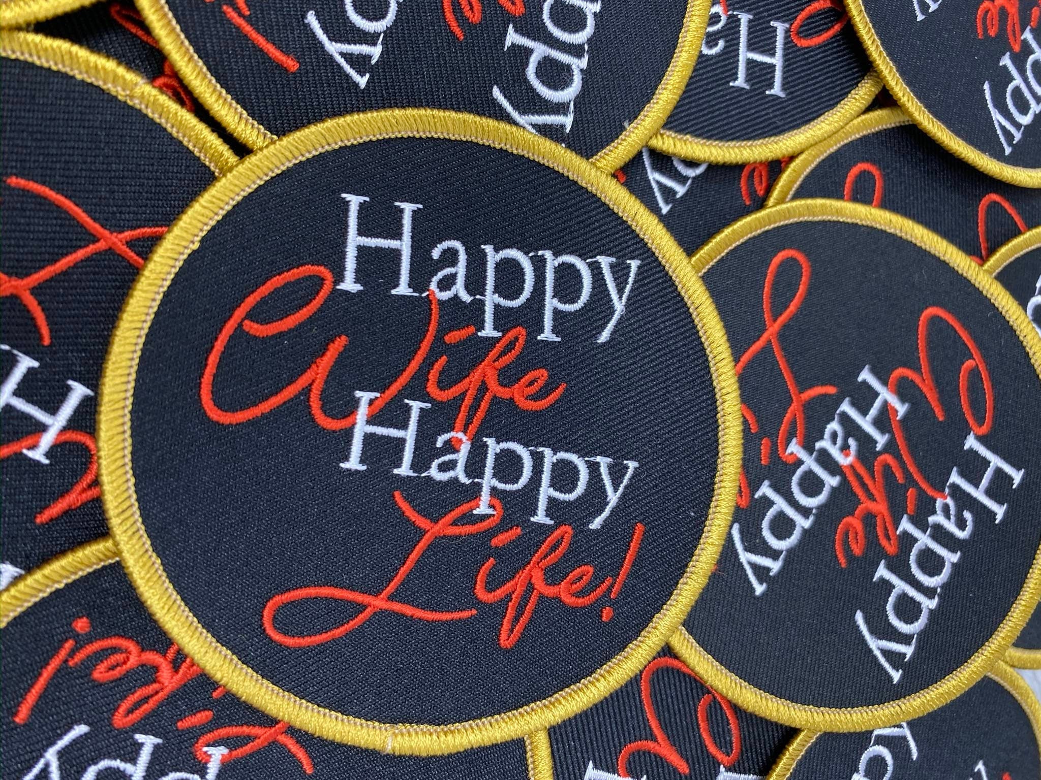 NEW Arrival,"Happy Wife, Happy Life" 3" Circular Badge, Iron on Embroidered Patch, Positive Applique, Cool Patch for Clothing, Bridal Gifts