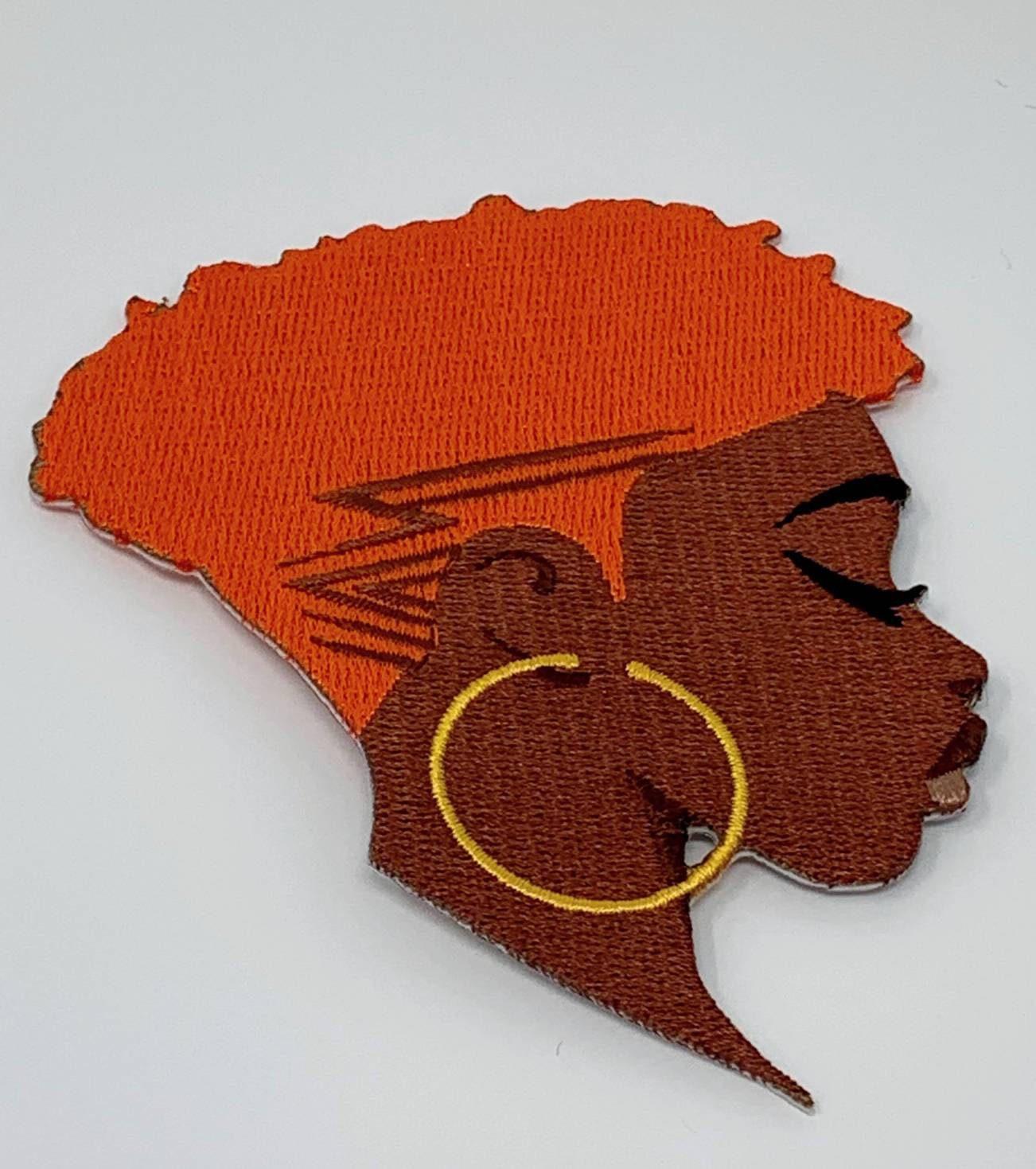 Iron-on Patch "Orange Hair, Don't Care" Size 4" Embroidery Patch; Black Girl Magic with Gold Hoops; Patch for Jackets and Accessories
