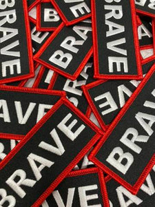 Popular Patch, Red, Black, & White|"Brave" Iron-on Embroidered Patch; Statement Patch, Patches for Men, Size 3" x 1.75", Small Jacket Patch