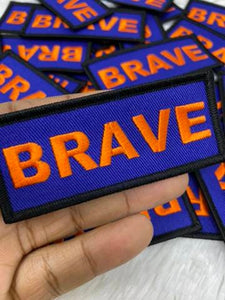 Popular Patch, Blue, Black & Orange|"Brave" Iron-on Embroidered Patch; Statement Patch, Patches for Men, Size 3" x 1.75", Small Jacket Patch