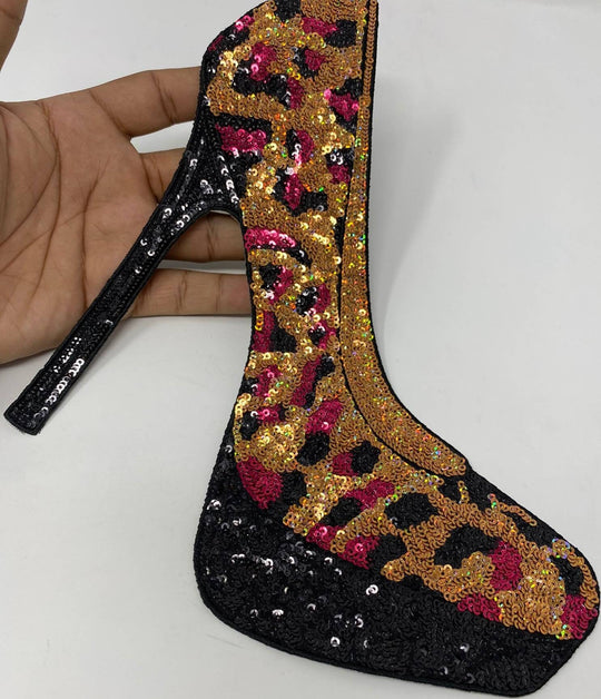 Sexy, Leopard Print Sequins "High Heel" Iron-on Patch, Colorful, Cool Bling Patch, DIY Applique; Vintage, Size 12",Large Jacket Patch