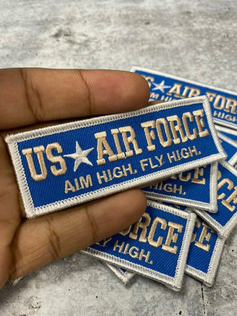 New "US AIRFORCE" Military Emblem, Blue & Champagne, with White Star, Embroidery Patch, Size 3"x1", Iron-on Patch, Small Badge for Clothing