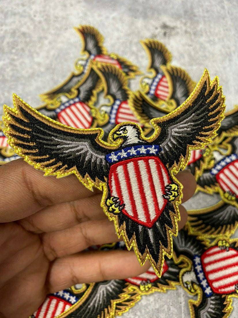 New Bald Eagle Military Emblem with 5-Stars and Red & White Stripes,  Embroidery Patch, Size 4, Iron-on Patch, Small Badge for Clothing