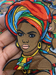 New, Colorful Nubian "Headwrap," 4-inch, Iron-on Embroidered Afrocentric Patch; Cute Black Girl Patch; DIY Patch, Craft Supplies