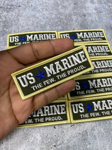 New "US MARINE" Military Emblem, Yellow & Gray, with Blue Star, Embroidery Patch, Size 3"x1", Iron-on Patch, Small Badge for Clothing