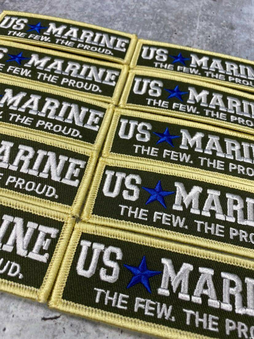 New "US MARINE" Military Emblem, Yellow & Gray, with Blue Star, Embroidery Patch, Size 3"x1", Iron-on Patch, Small Badge for Clothing