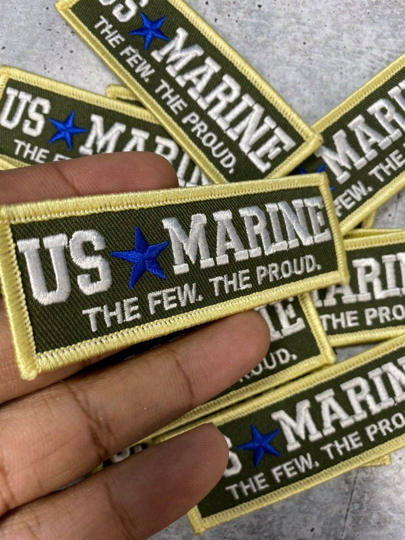 New "US MARINE" Military Emblem, Yellow & Gray, with Blue Star, Embroidery Patch, Size 3"x1", Iron-on Patch, Small Badge for Clothing