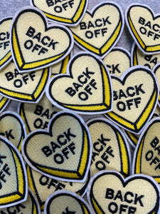 NEW, "Back Off"  2-pc/set, 2"-x 1" inch, DIY, Embroidered Applique Iron On Patch, Patches for Girls Jackets