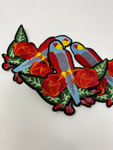 NEW, Adorable Red & Blue, Parrot on a Bush, 4" inch Embroidered Applique Patch, Bird Patches Great for Denim Jackets, Iron-on Patch