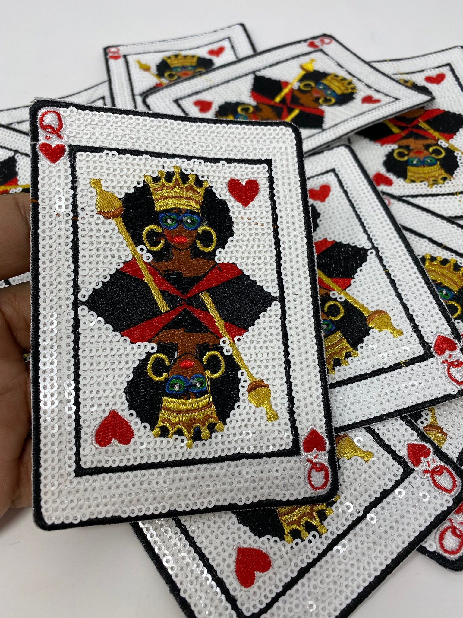 NEW, "Queen of Hearts SEQUINS" Embroidered Playing Card Patches/Appliques, Fun, Patch, 4.5" x 3" Size Playing Card