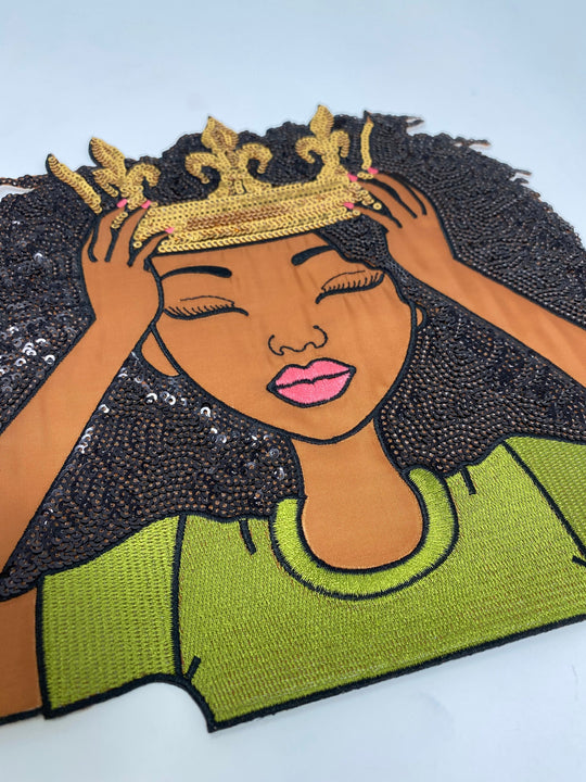 New, SEQUIN & Satin "Adjust Yo' Crown Sis" 9.25" Patch, Iron-on/Sew-on, Exclusive Applique, Large Patch, Sparkling Patch, Embroidered DIY