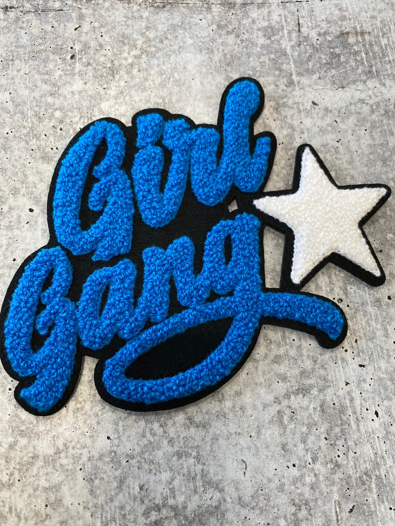 Blue w/White Star "Girl Gang" Chenille Patch, Colorful, Varsity Vintage Patch for DIY Crafts, Large Back Patch for Clothing, Iron-on
