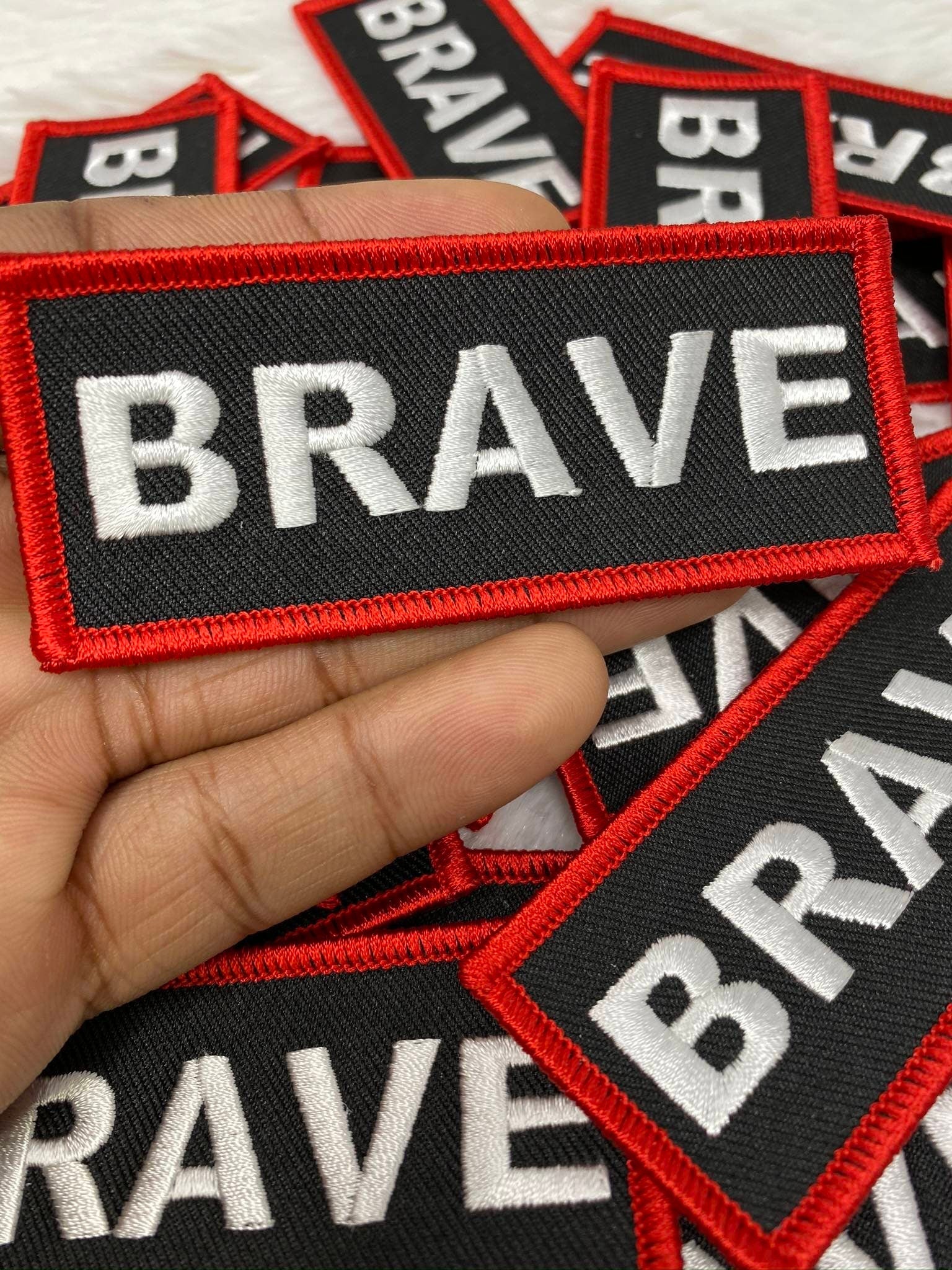 Popular Patch, Red, Black, & White|"Brave" Iron-on Embroidered Patch; Statement Patch, Patches for Men, Size 3" x 1.75", Small Jacket Patch