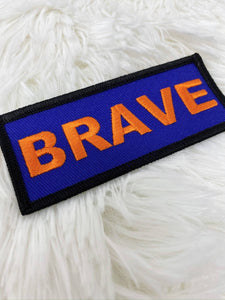 Popular Patch, Blue, Black & Orange|"Brave" Iron-on Embroidered Patch; Statement Patch, Patches for Men, Size 3" x 1.75", Small Jacket Patch