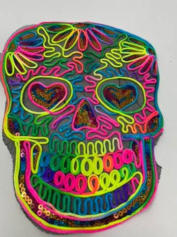 New Arrival, Sequins & Cord "Neon Love Skull," Sew-on Patch, Colorful, Cool Bling Patch, DIY Applique; Vintage, Size 13",Large Jacket Patch
