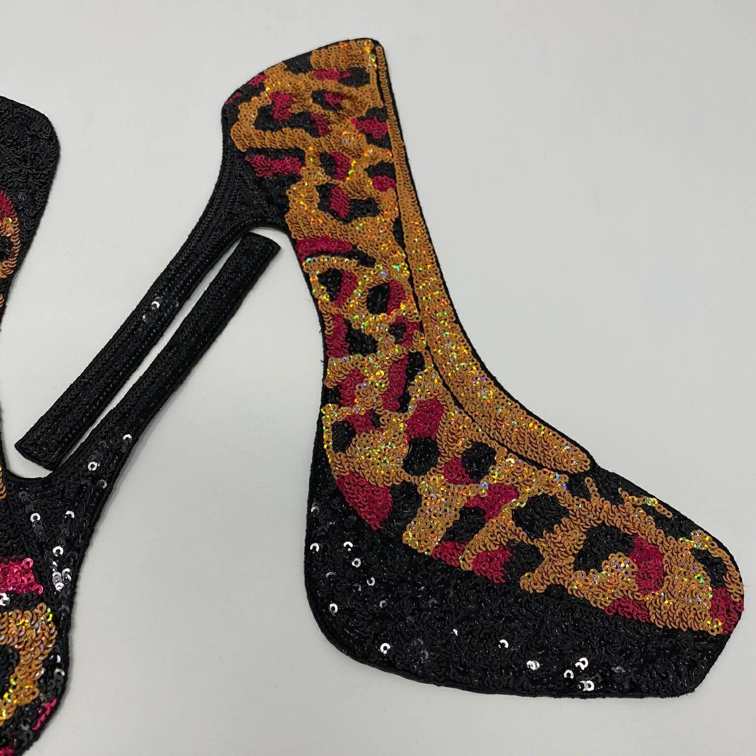 Sexy, Leopard Print Sequins "High Heel" Iron-on Patch, Colorful, Cool Bling Patch, DIY Applique; Vintage, Size 12",Large Jacket Patch