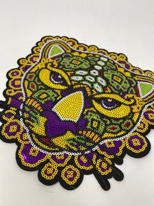 New Arrival, Purple, Green & Yellow Sequins "Panther" Head Iron-On Patch, Large Patch; Bling Patch, DIY Applique; Multicolor Patch, Size 9"