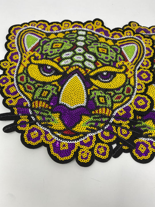 New Arrival, Purple, Green & Yellow Sequins "Panther" Head Iron-On Patch, Large Patch; Bling Patch, DIY Applique; Multicolor Patch, Size 9"