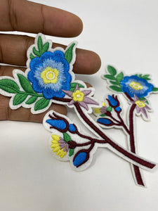 NEW, Floral 2 pc set, Blue Flowers W/ Brown Stem  (size 5-inches), matching embroidered iron-on floral patches, Flower Patches