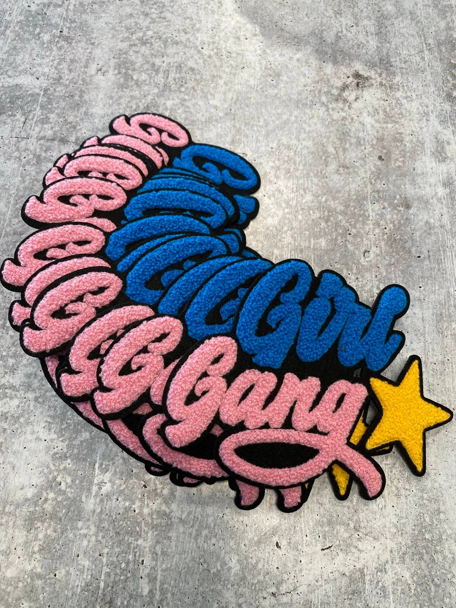 Blue and Pink w/Gold Star "Girl Gang" Chenille Patch, Colorful, Varsity Vintage Patch for DIY Crafts, Large Back Patch, Iron-on, 5.5"