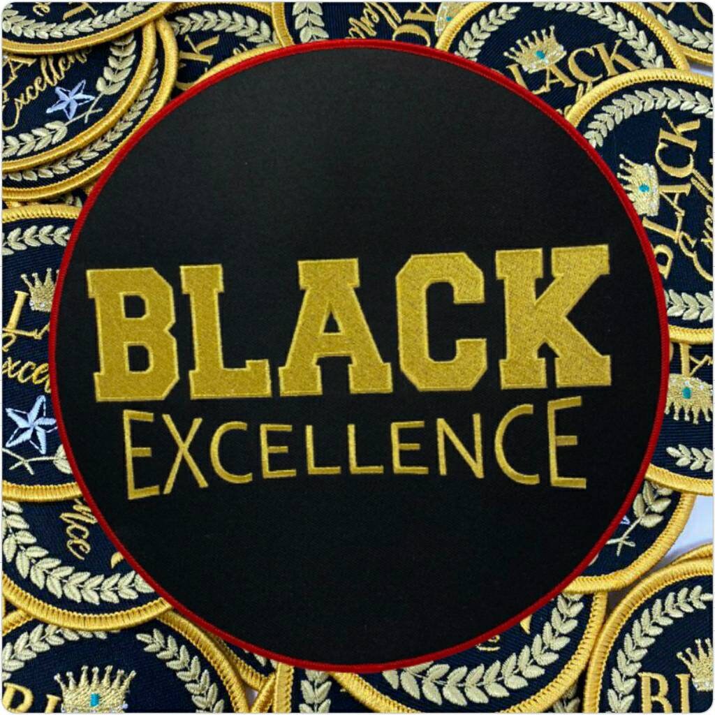 Exclusive, "Black Excellence," LARGE Patch for Jackets or Hoodies, Size 10", Metallic Gold Wording, Red Border, Black History Month Patch