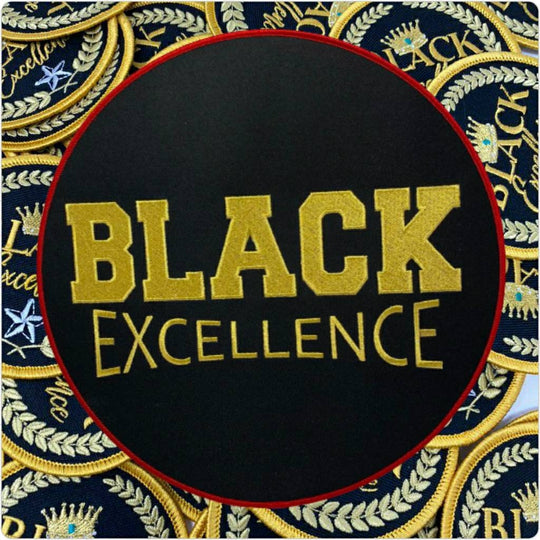 Embroidered, "Black Excellence," LARGE Patch for Jackets or Hoodies, Size 10", Metallic Gold Wording, Red Border, Black History Month Patch