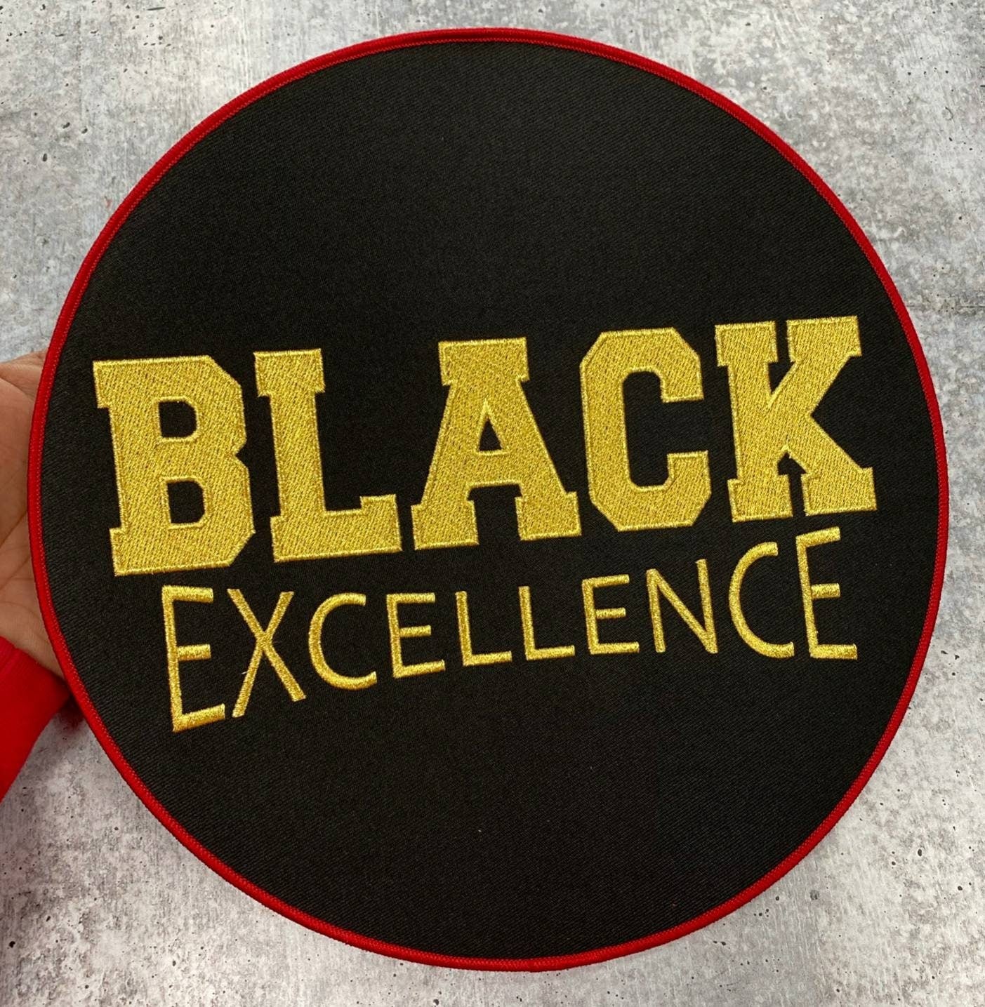 Exclusive, "Black Excellence," LARGE Patch for Jackets or Hoodies, Size 10", Metallic Gold Wording, Red Border, Black History Month Patch