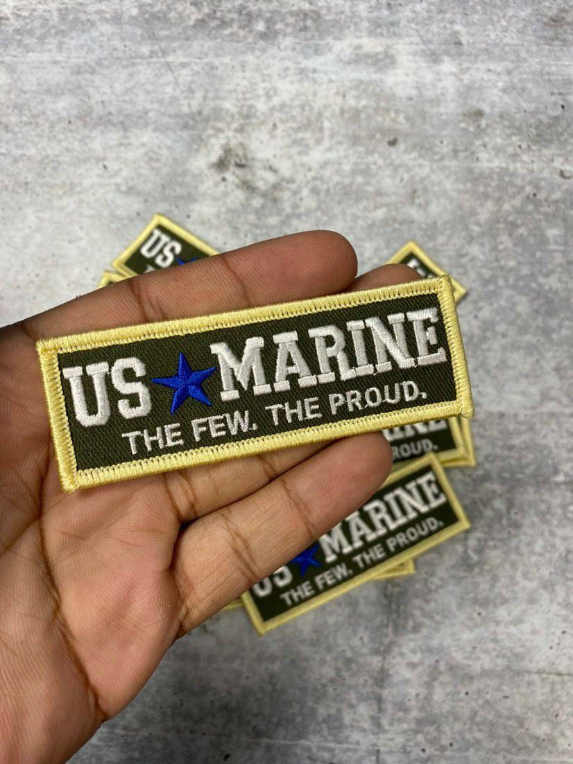 New "US MARINE" Military Emblem, Yellow & Gray, with Blue Star, Embroidery Patch, Size 3"x1", Iron-on Patch, Small Badge for Clothing