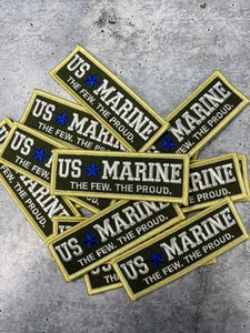 New "US MARINE" Military Emblem, Yellow & Gray, with Blue Star, Embroidery Patch, Size 3"x1", Iron-on Patch, Small Badge for Clothing