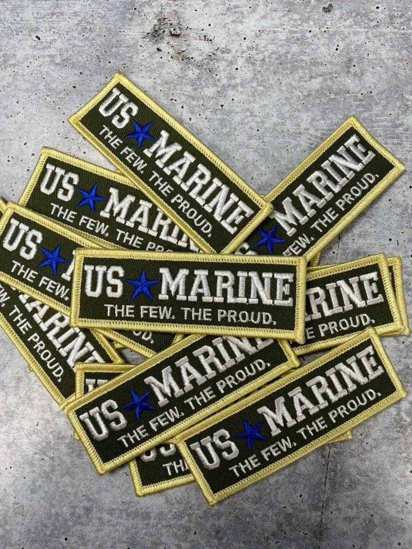 New "US MARINE" Military Emblem, Yellow & Gray, with Blue Star, Embroidery Patch, Size 3"x1", Iron-on Patch, Small Badge for Clothing