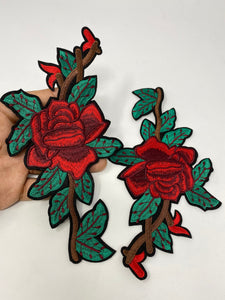 NEW Red Rose W/ Stem, Adorable 2-pc set, Red Roses (size 8-inches), Matching Embroidered Iron-on Floral Patches, Small Patches for Clothing